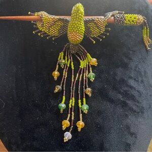 Handcrafted Beaded Bird hair pin - Green and Yellow